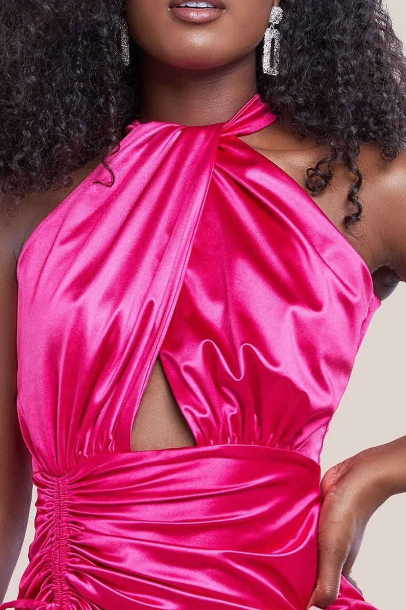 Halter Neck Front Split Satin Maxi Dress - Magenta by Goddiva