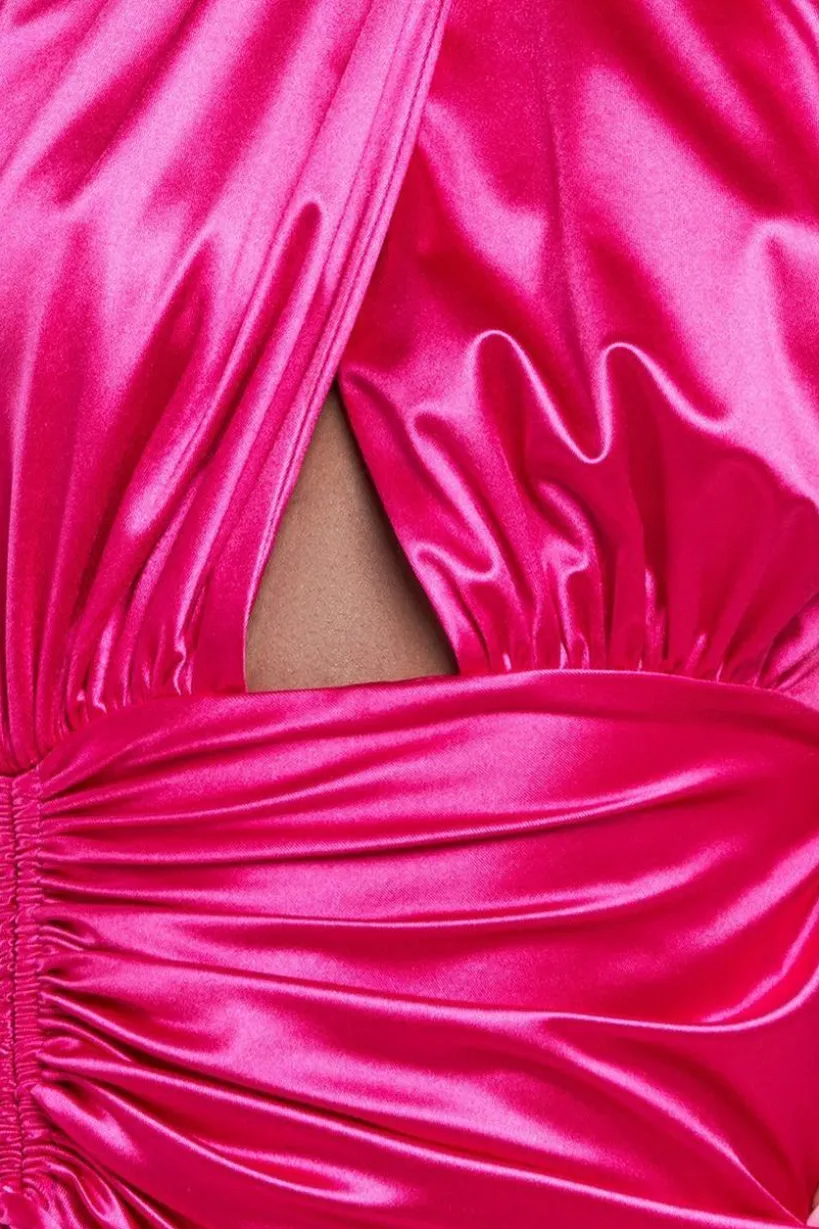 Halter Neck Front Split Satin Maxi Dress - Magenta by Goddiva
