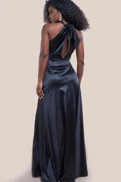 Halter Neck Front Split Satin Maxi Dress - Black by Goddiva