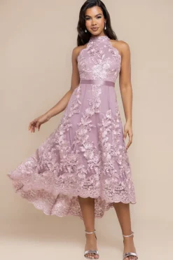 Halter Neck Lace High And Low Dress - Pink by Goddiva