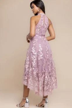 Halter Neck Lace High And Low Dress - Pink by Goddiva