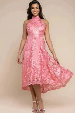 Halter Neck Lace High And Low Dress - Coral by Goddiva