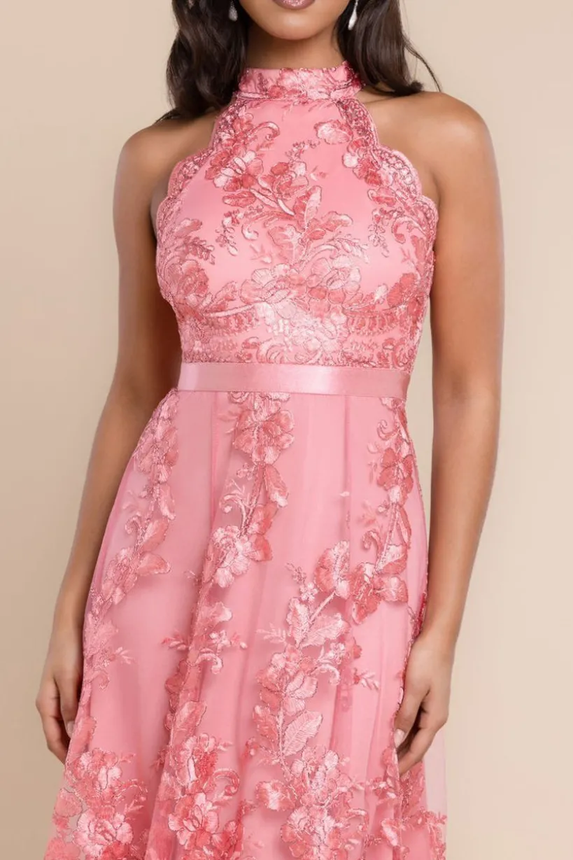 Halter Neck Lace High And Low Dress - Coral by Goddiva
