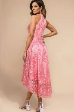 Halter Neck Lace High And Low Dress - Coral by Goddiva