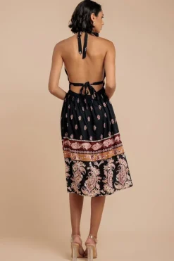 Halter Neck Printed Midi Dress - Black by City Goddess
