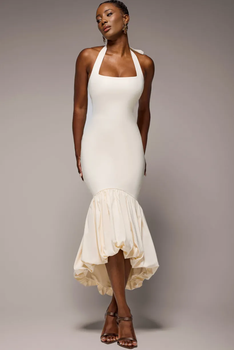 Halter Neck Puff Hem Mermaid Midaxi Dress - Cream by Goddiva