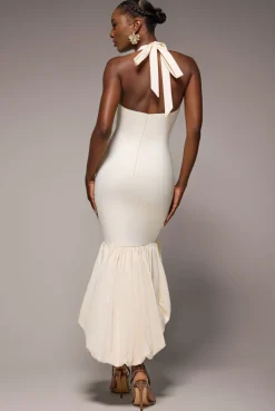Halter Neck Puff Hem Mermaid Midaxi Dress - Cream by Goddiva