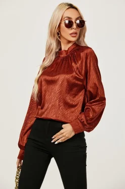 Halter Neck Satin Long Sleeve Blouse Top In Copper Red by FS Collection