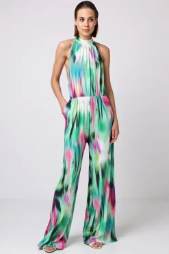 Halterneck Jumpsuit With Elasticated Waist In Brush Stroke Print by Angeleye