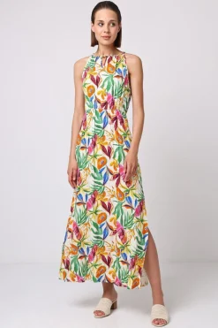 Halterneck Keyhole Maxi Dress In Tropical Papaya Print by Angeleye