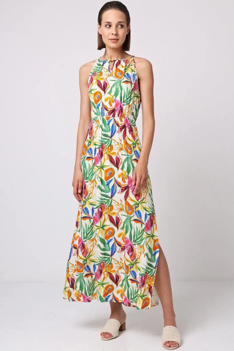 Halterneck Keyhole Maxi Dress In Tropical Papaya Print by Angeleye
