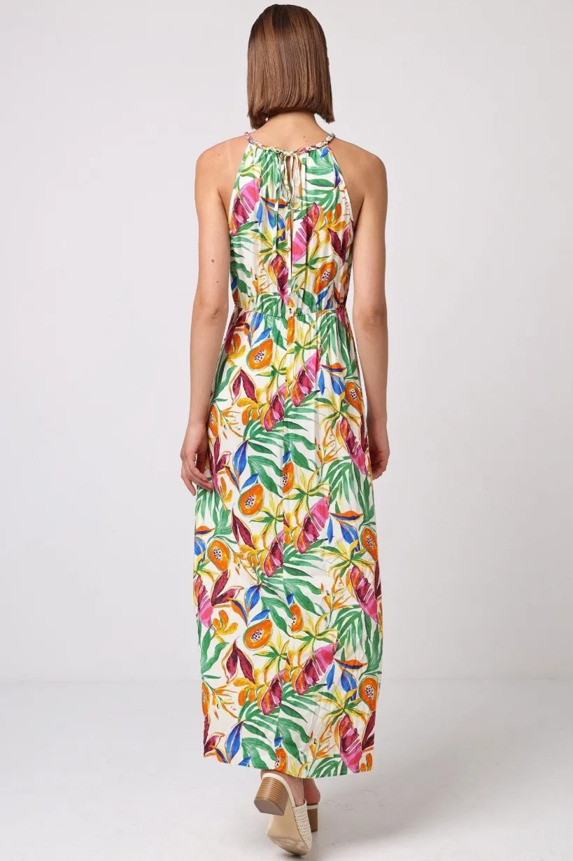 Halterneck Keyhole Maxi Dress In Tropical Papaya Print by Angeleye