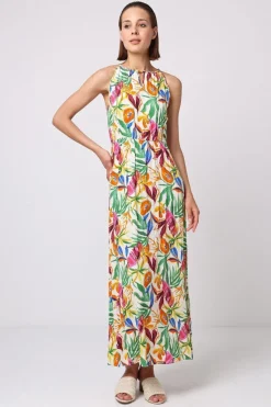 Halterneck Keyhole Maxi Dress In Tropical Papaya Print by Angeleye