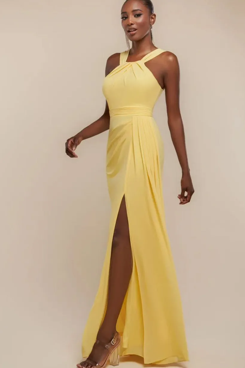 Halterneck Thigh Split Chiffon Maxi Dress - Lemon by Goddiva
