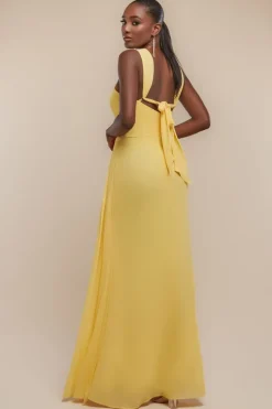 Halterneck Thigh Split Chiffon Maxi Dress - Lemon by Goddiva