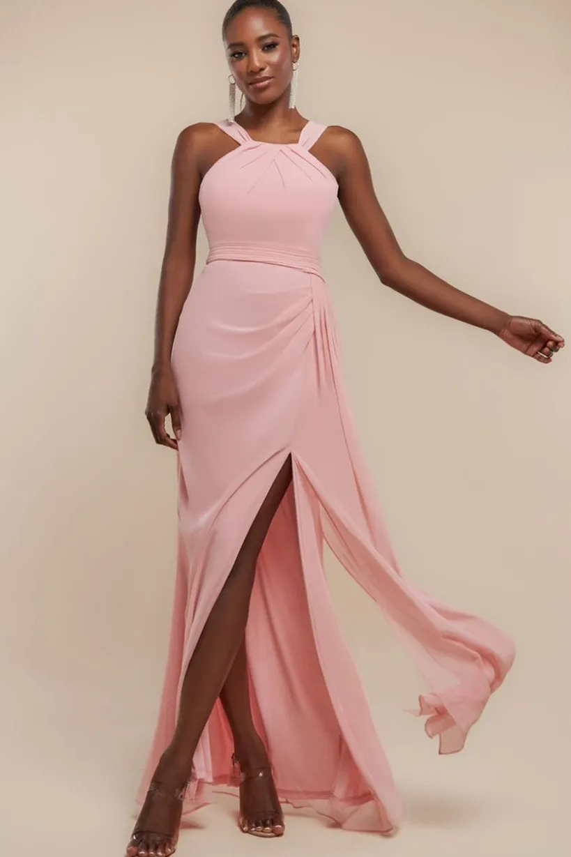 Halterneck Thigh Split Chiffon Maxi Dress - Blush Pink by Goddiva