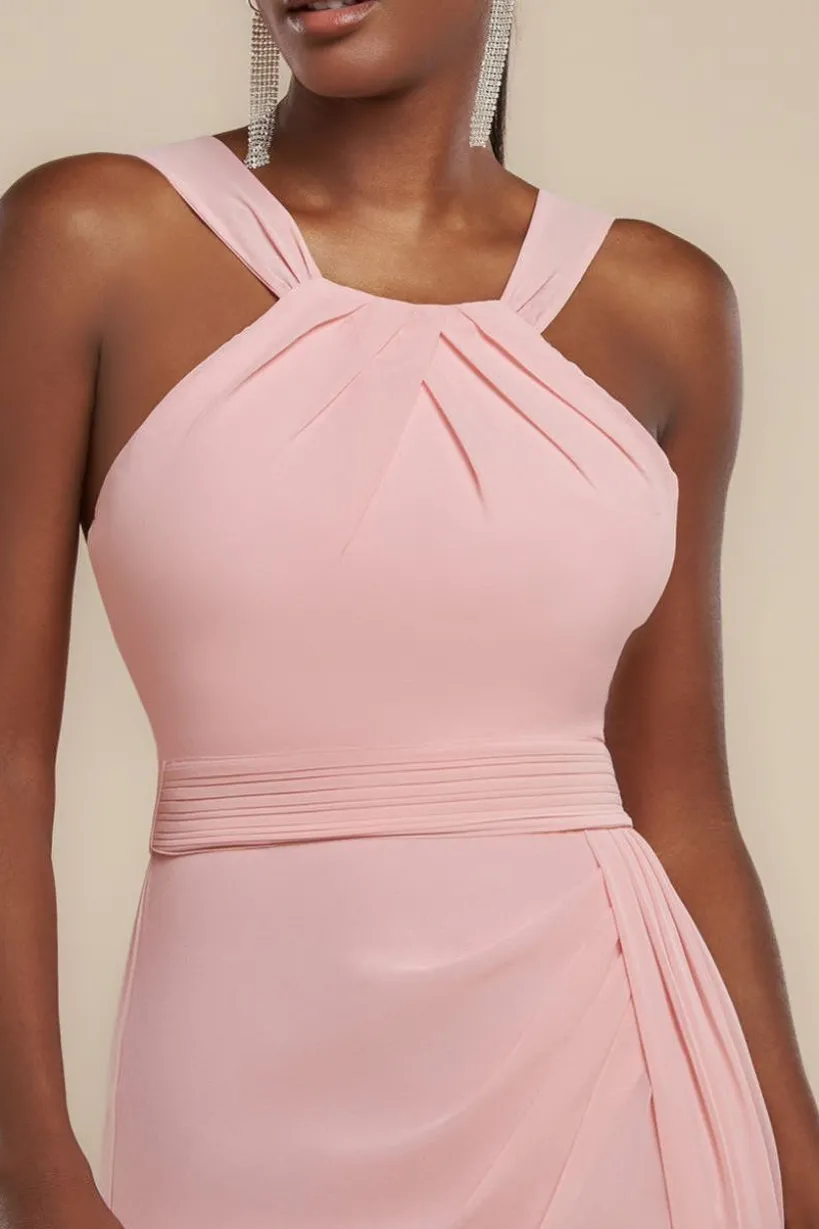 Halterneck Thigh Split Chiffon Maxi Dress - Blush Pink by Goddiva