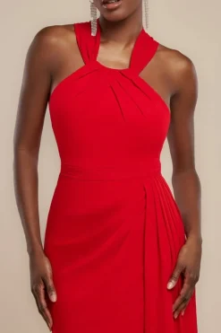 Halterneck Thigh Split Chiffon Maxi Dress - Red by Goddiva