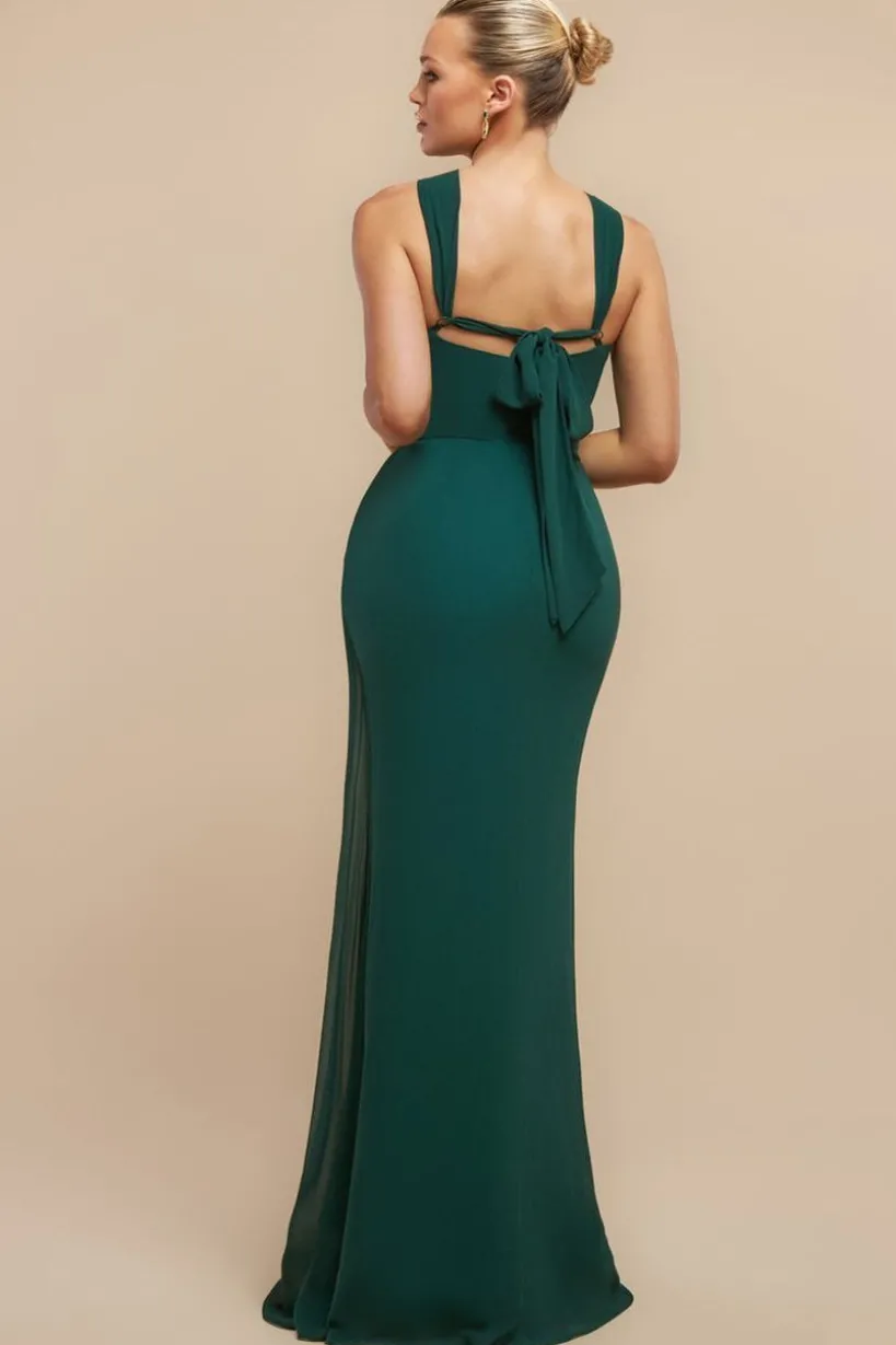 Halterneck Thigh Split Chiffon Maxi Dress - Emerald Green by Goddiva
