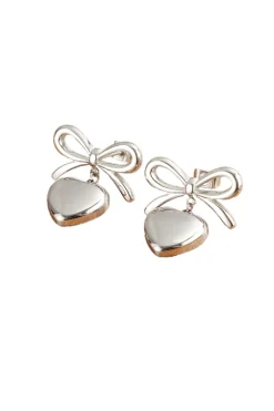 Heart Pendant Bow Earring In Silver by Last True Angel