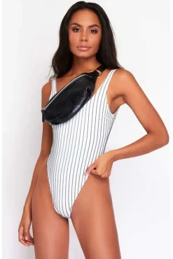 High Leg Swimsuit In Black & White Pinstripe by Maribela