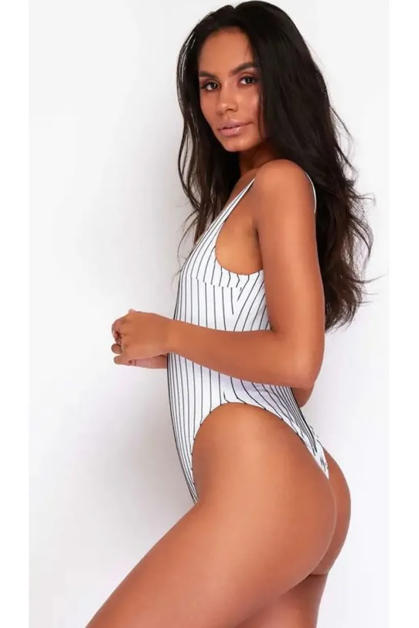 High Leg Swimsuit In Black & White Pinstripe by Maribela