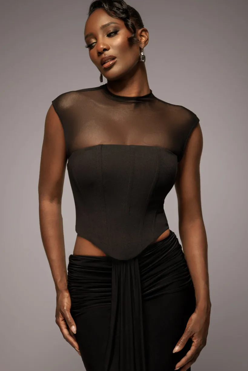 High Neck Open Back Lace Up Scuba Corset Top - Black by Goddiva