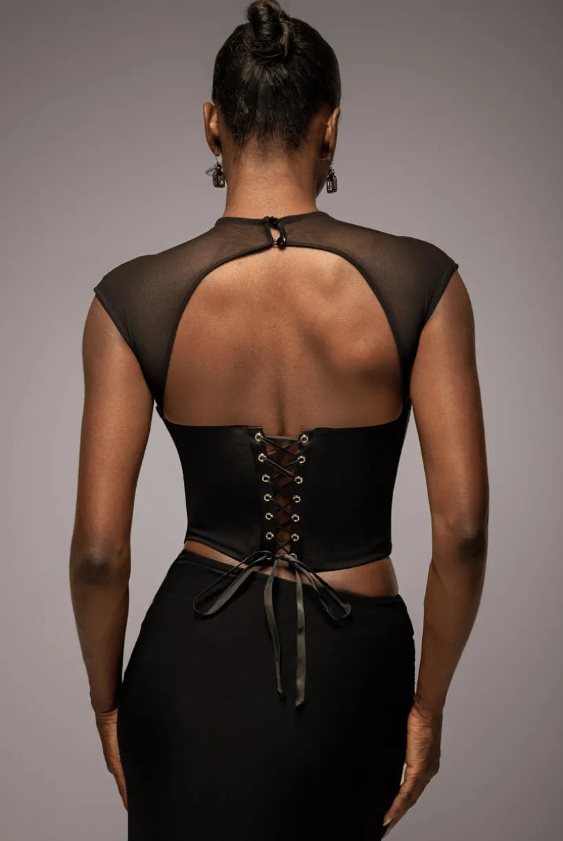 High Neck Open Back Lace Up Scuba Corset Top - Black by Goddiva