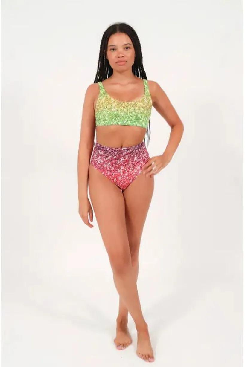 High Waist Bikini Bottoms In Rainbow Glitter Print by Maribela