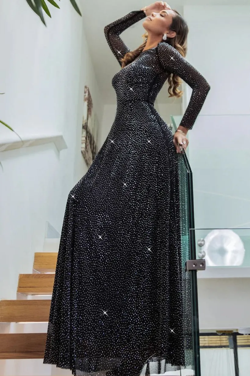 Hotfix Diamante Mesh A-Line Long Sleeve Maxi Dress - Black by Goddiva