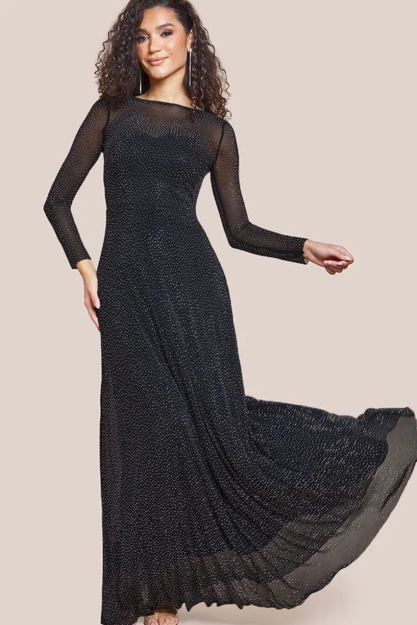 Hotfix Diamante Mesh A-Line Long Sleeve Maxi Dress - Black by Goddiva