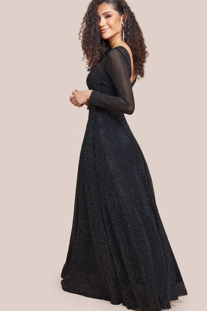 Hotfix Diamante Mesh A-Line Long Sleeve Maxi Dress - Black by Goddiva