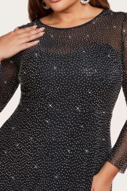Hotfix Diamante Mesh A-Line Long Sleeve Maxi Dress - Black by Goddiva Plus