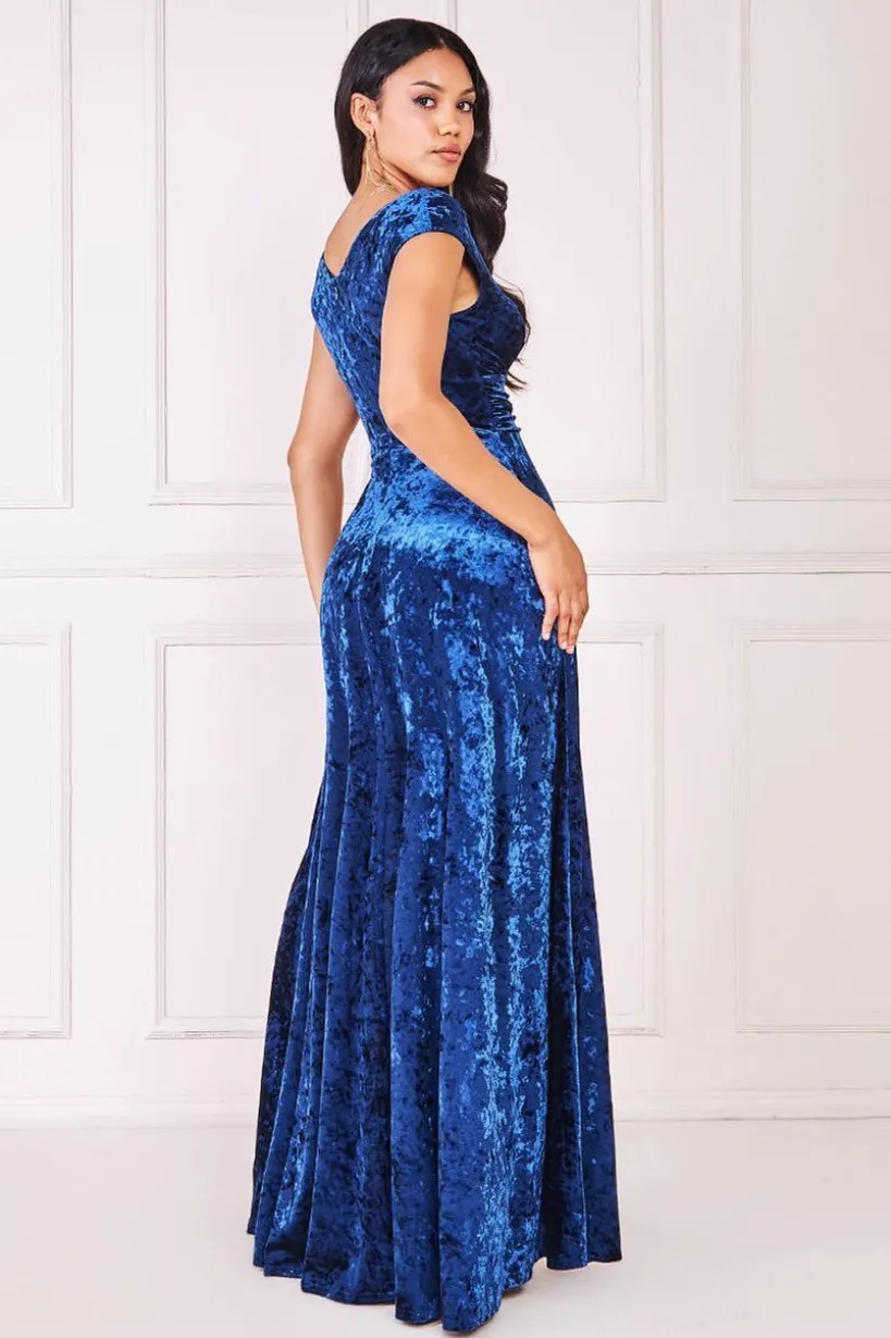 Ice Velvet Bardot Wrap Maxi - Navy by Goddiva