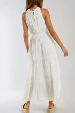 Ivory Tiered Halterneck Maxi Dress With Crochet Details by Aftershock London