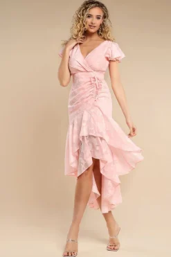 Jacquard Chiffon Wrap High Low Midaxi Dress - Pink by Goddiva