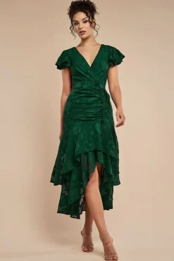 Jacquard Chiffon Wrap High Low Midaxi Dress - Emerald Green by Goddiva