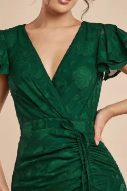 Jacquard Chiffon Wrap High Low Midaxi Dress - Emerald Green by Goddiva