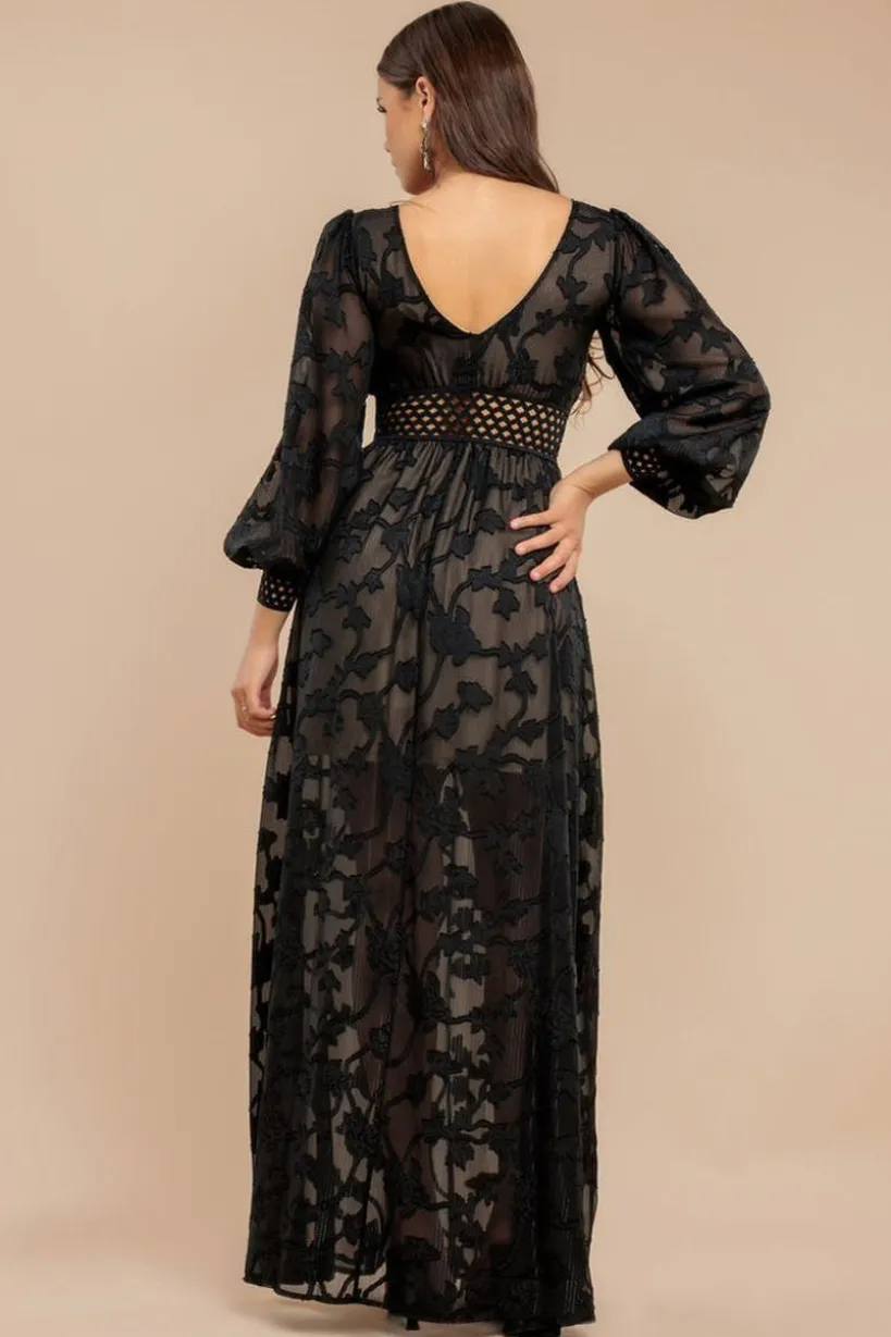 Jacquard Lurex Burnout Front Split Maxi Dress - Black by Goddiva