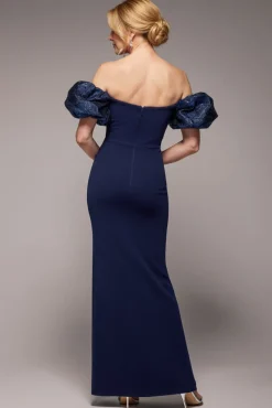 Jacquard Puff Sleeve Sweetheart Scuba Maxi Dress - Navy Blue by Goddiva