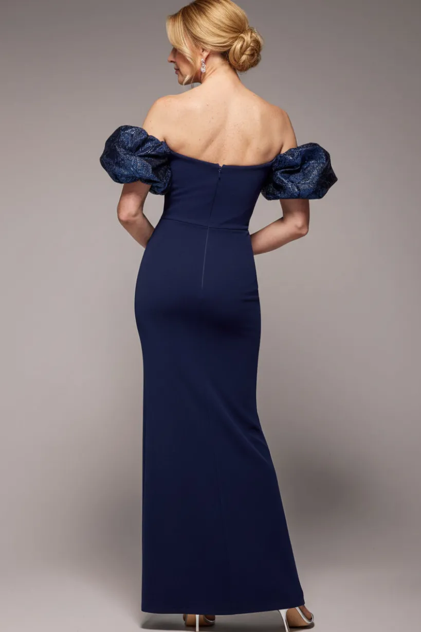 Jacquard Puff Sleeve Sweetheart Scuba Maxi Dress - Navy Blue by Goddiva