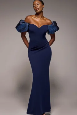 Jacquard Puff Sleeve Sweetheart Scuba Maxi Dress - Navy Blue by Goddiva