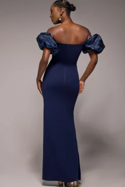 Jacquard Puff Sleeve Sweetheart Scuba Maxi Dress - Navy Blue by Goddiva