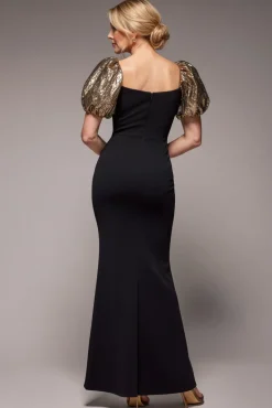 Jacquard Puff Sleeve Sweetheart Scuba Maxi Dress - Black by Goddiva