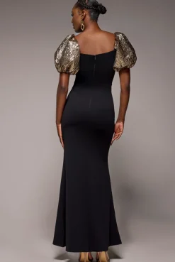 Jacquard Puff Sleeve Sweetheart Scuba Maxi Dress - Black by Goddiva