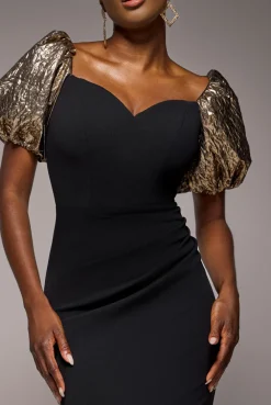Jacquard Puff Sleeve Sweetheart Scuba Maxi Dress - Black by Goddiva