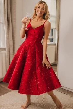 Jacquard Sleeveless A-line Midi Dress - Red by Goddiva
