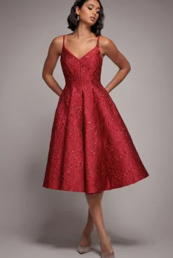 Jacquard Sleeveless A-line Midi Dress - Red by Goddiva