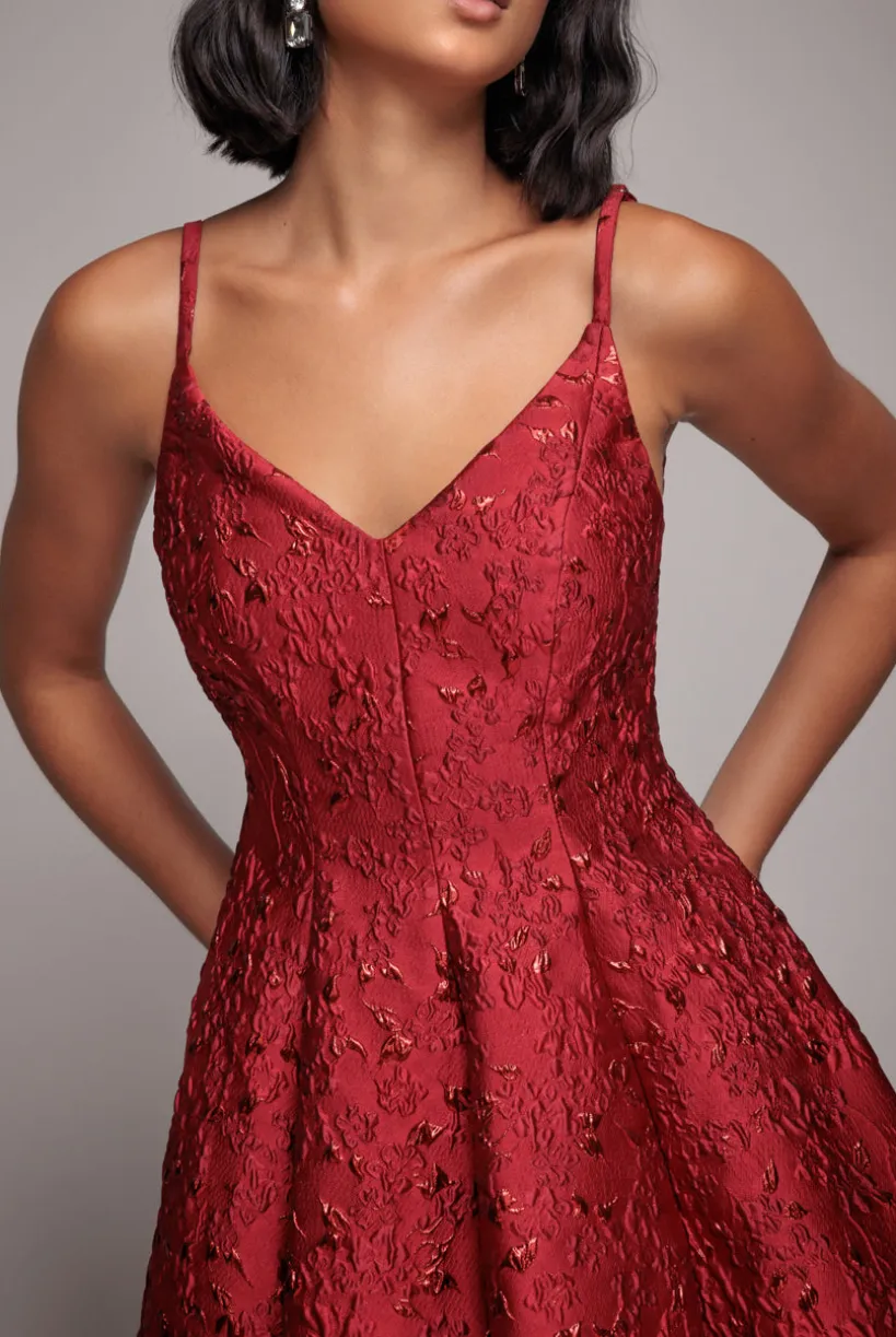 Jacquard Sleeveless A-line Midi Dress - Red by Goddiva