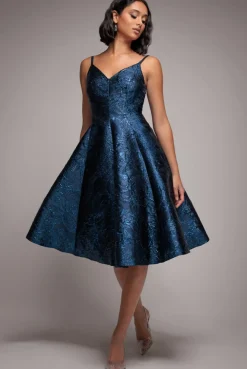 Jacquard Sleeveless A-line Midi Dress - Navy Blue by Goddiva